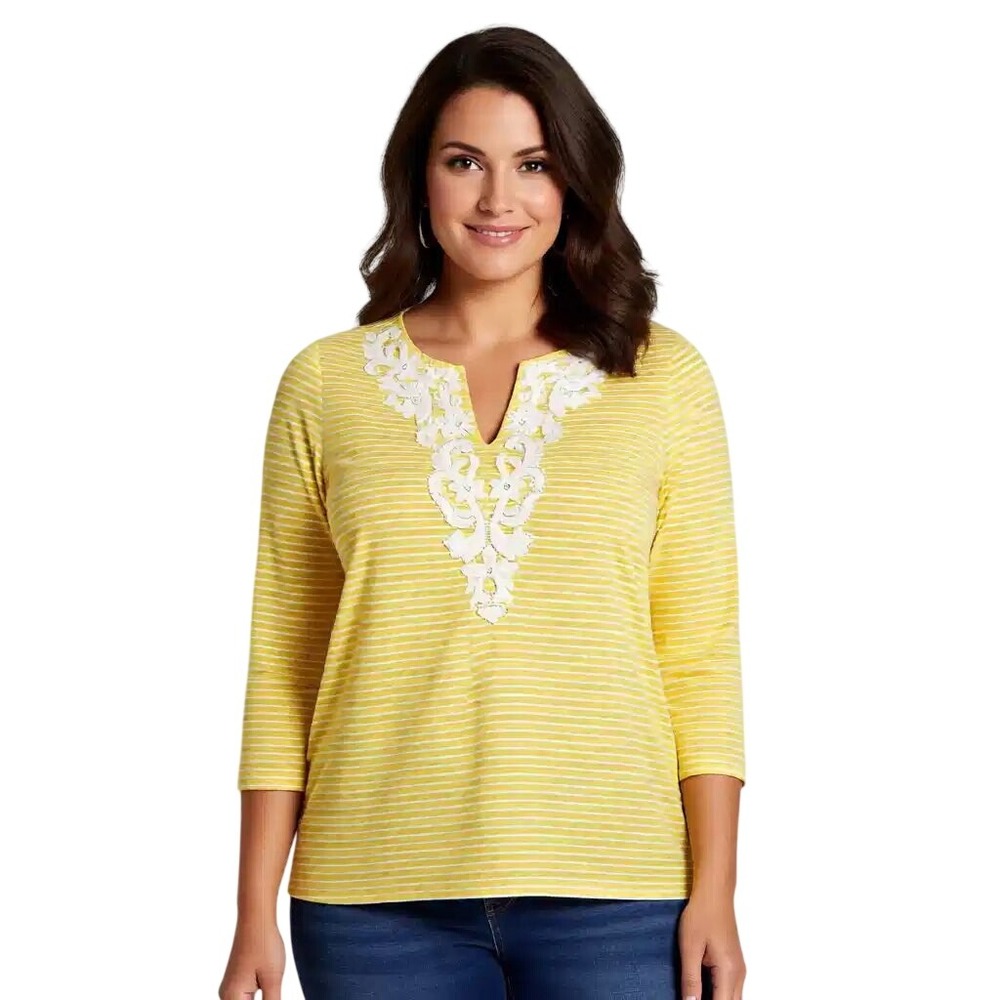 Talbots Petites Yellow White Striped Embroidered Linen Tunic Top MP 3/4 Sleeve
